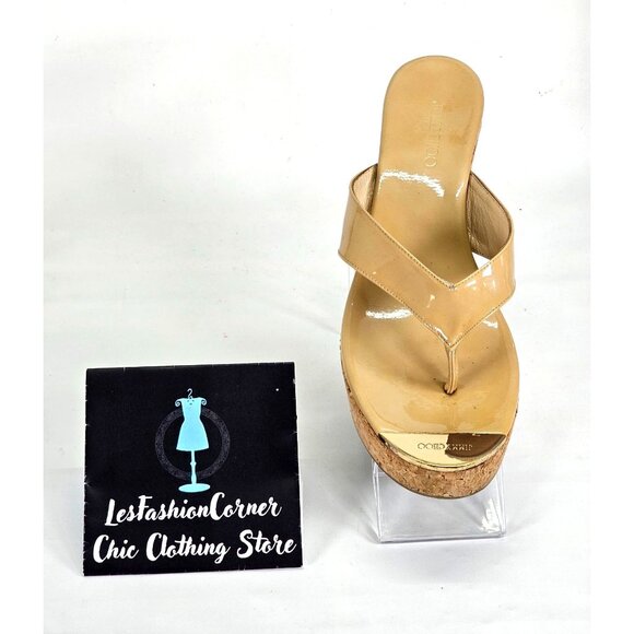 Jimmy Choo Nude Patent Leather Pathos Thong Cork Wedge Sandals Sz 39.5 (9) 024 - Picture 14 of 16